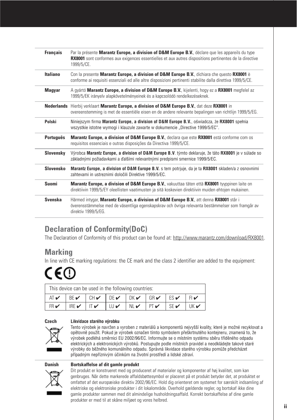 Declaration of conformity(doc), Marking | Marantz RX8001 User Manual | Page 15 / 20