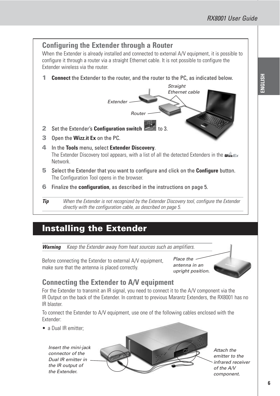 Installing the extender, Configuring the extender through a router, Connecting the extender to a/v equipment | Rx8001 user guide | Marantz RX8001 User Manual | Page 9 / 20