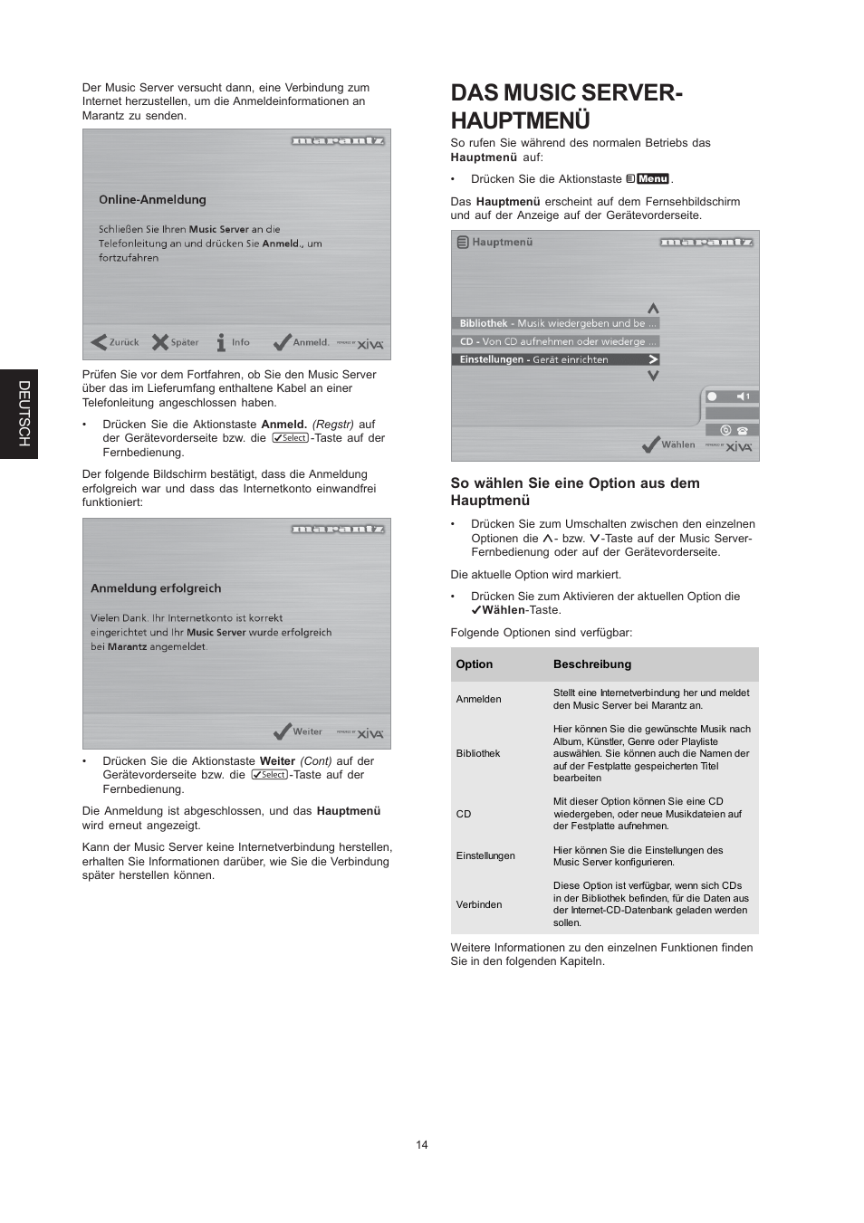 Das music server- hauptmenü, Deutsch, So wählen sie eine option aus dem hauptmenü | Marantz DH9300 User Manual | Page 108 / 132