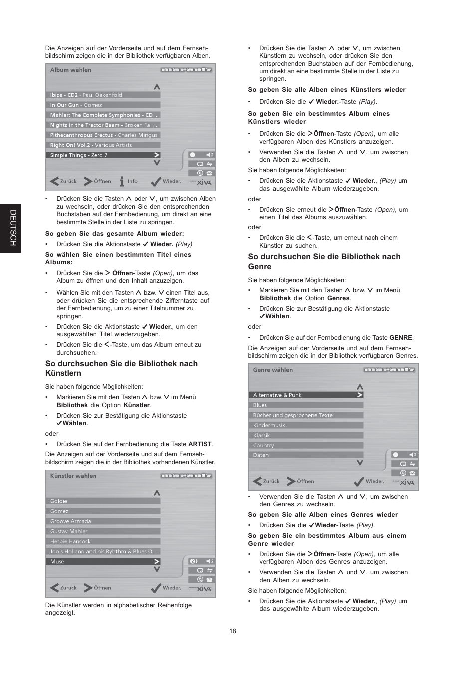 Deutsch, So durchsuchen sie die bibliothek nach künstlern, So durchsuchen sie die bibliothek nach genre | Marantz DH9300 User Manual | Page 112 / 132