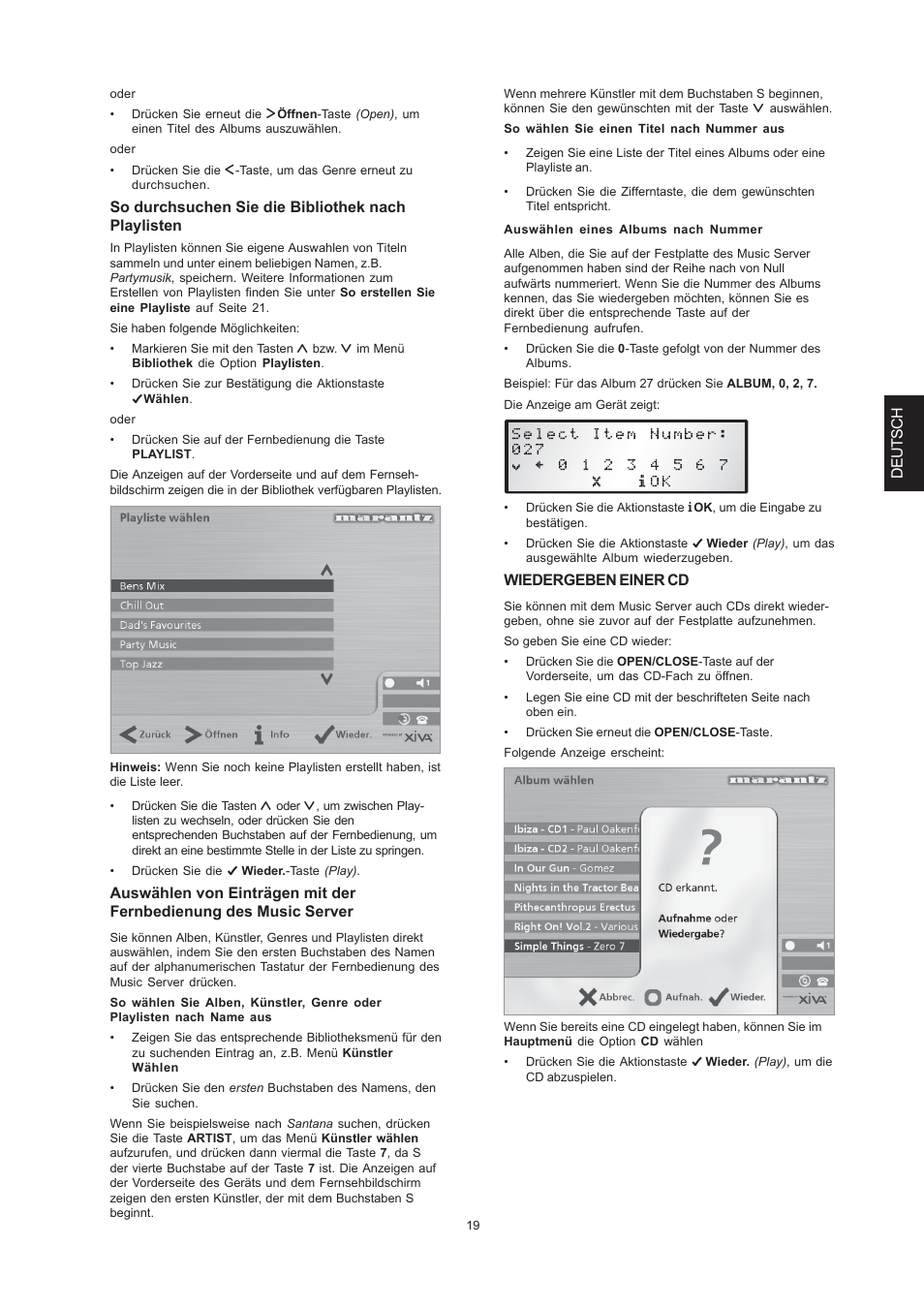 Deutsch, So durchsuchen sie die bibliothek nach playlisten, Wiedergeben einer cd | Marantz DH9300 User Manual | Page 113 / 132