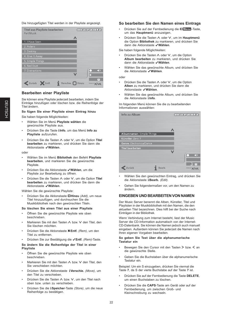 Deutsch, Bearbeiten einer playliste, So bearbeiten sie den namen eines eintrags | Eingeben und bearbeiten von namen | Marantz DH9300 User Manual | Page 116 / 132