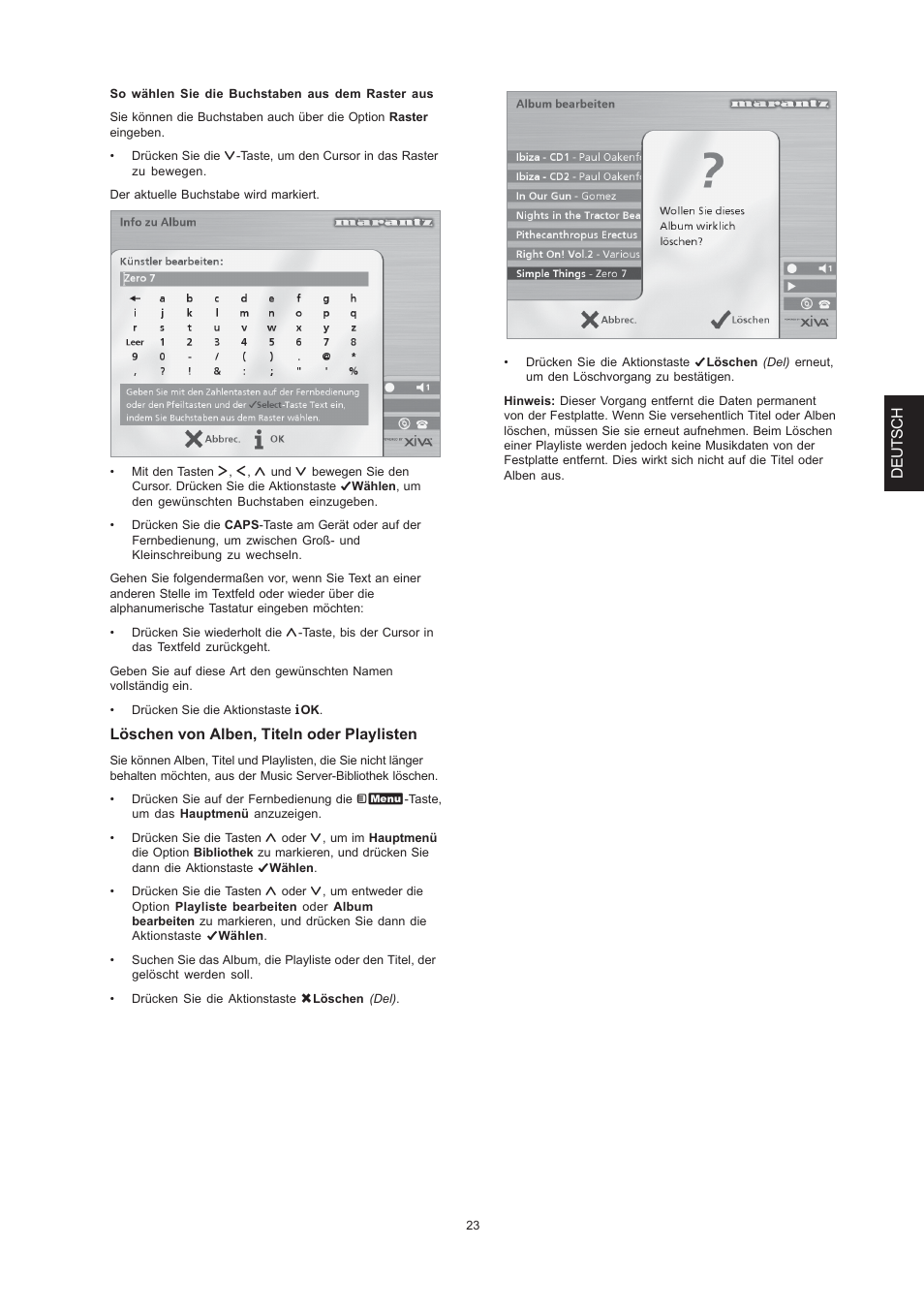 Deutsch, Löschen von alben, titeln oder playlisten | Marantz DH9300 User Manual | Page 117 / 132