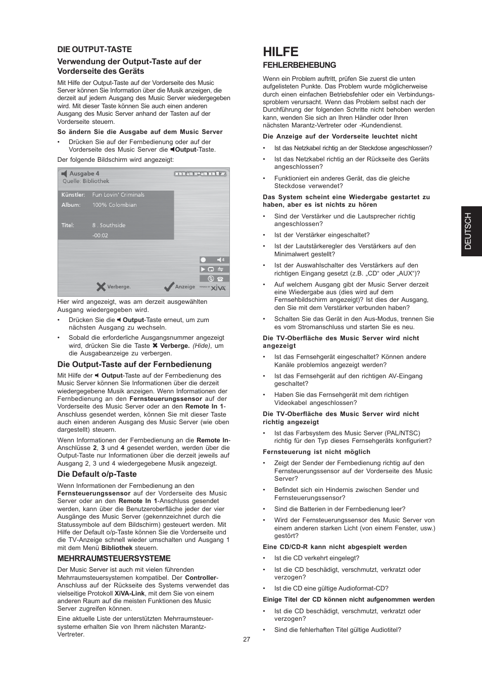 Hilfe, Die output-taste auf der fernbedienung, Die default o/p-taste | Mehrraumsteuersysteme, Fehlerbehebung | Marantz DH9300 User Manual | Page 121 / 132