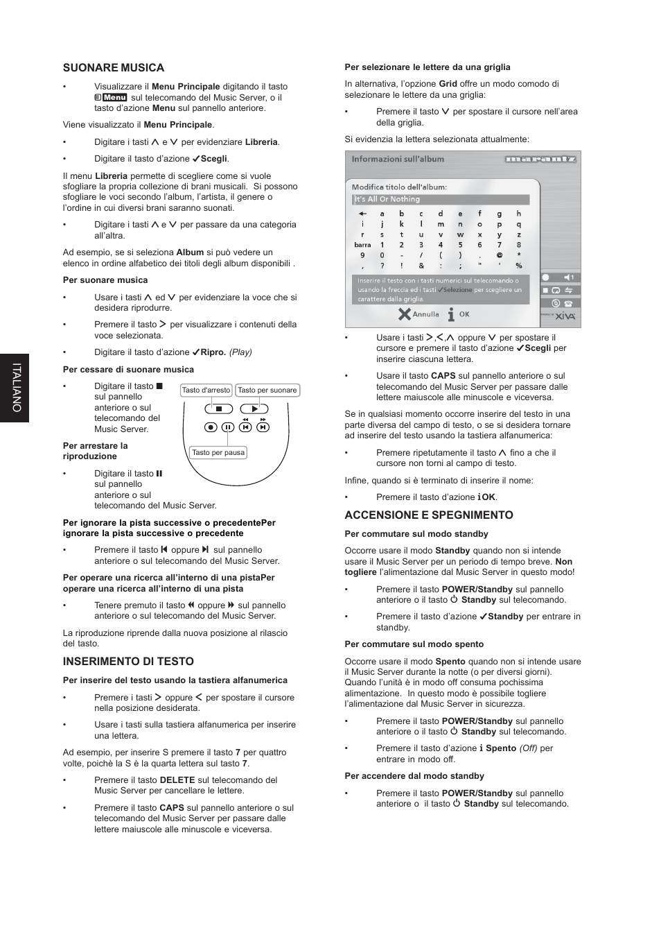 It aliano, Accensione e spegnimento, Suonare musica | Inserimento di testo | Marantz DH9300 User Manual | Page 126 / 132