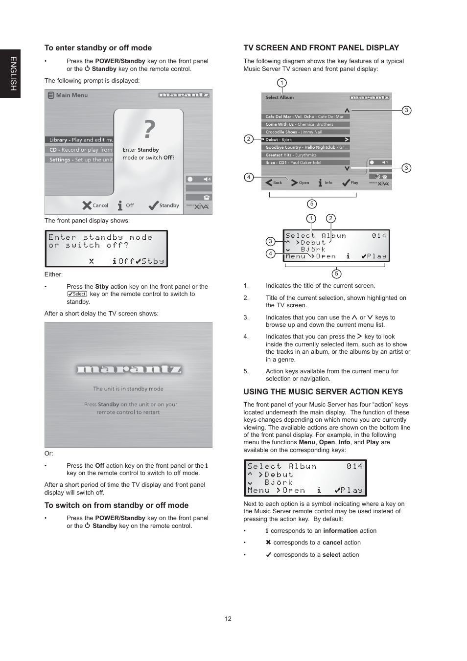 English tv screen and front panel display, Using the music server action keys | Marantz DH9300 User Manual | Page 14 / 132