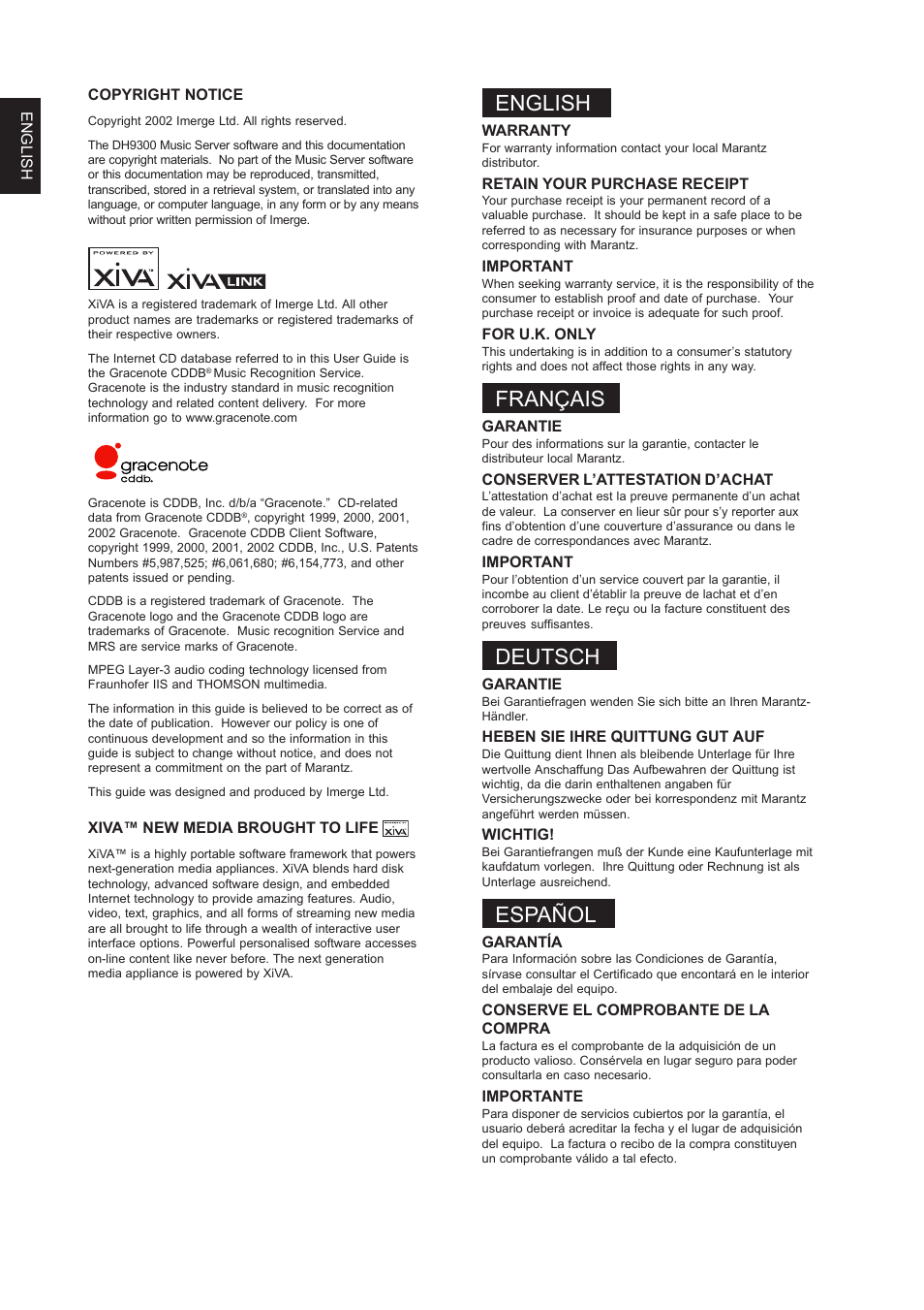 English, Français, Deutsch | Español | Marantz DH9300 User Manual | Page 2 / 132