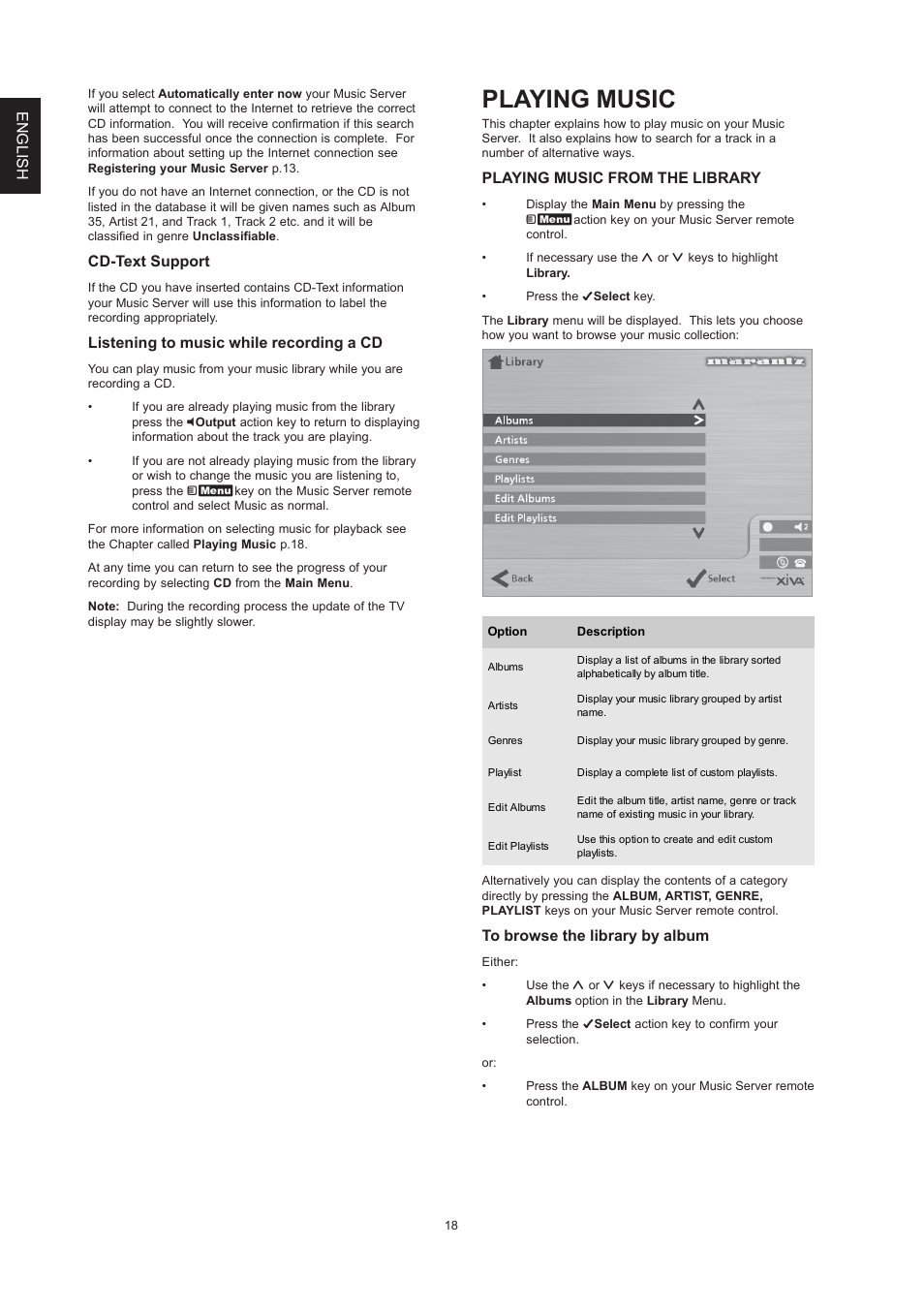 Playing music, English, Playing music from the library | Cd-text support, Listening to music while recording a cd | Marantz DH9300 User Manual | Page 20 / 132