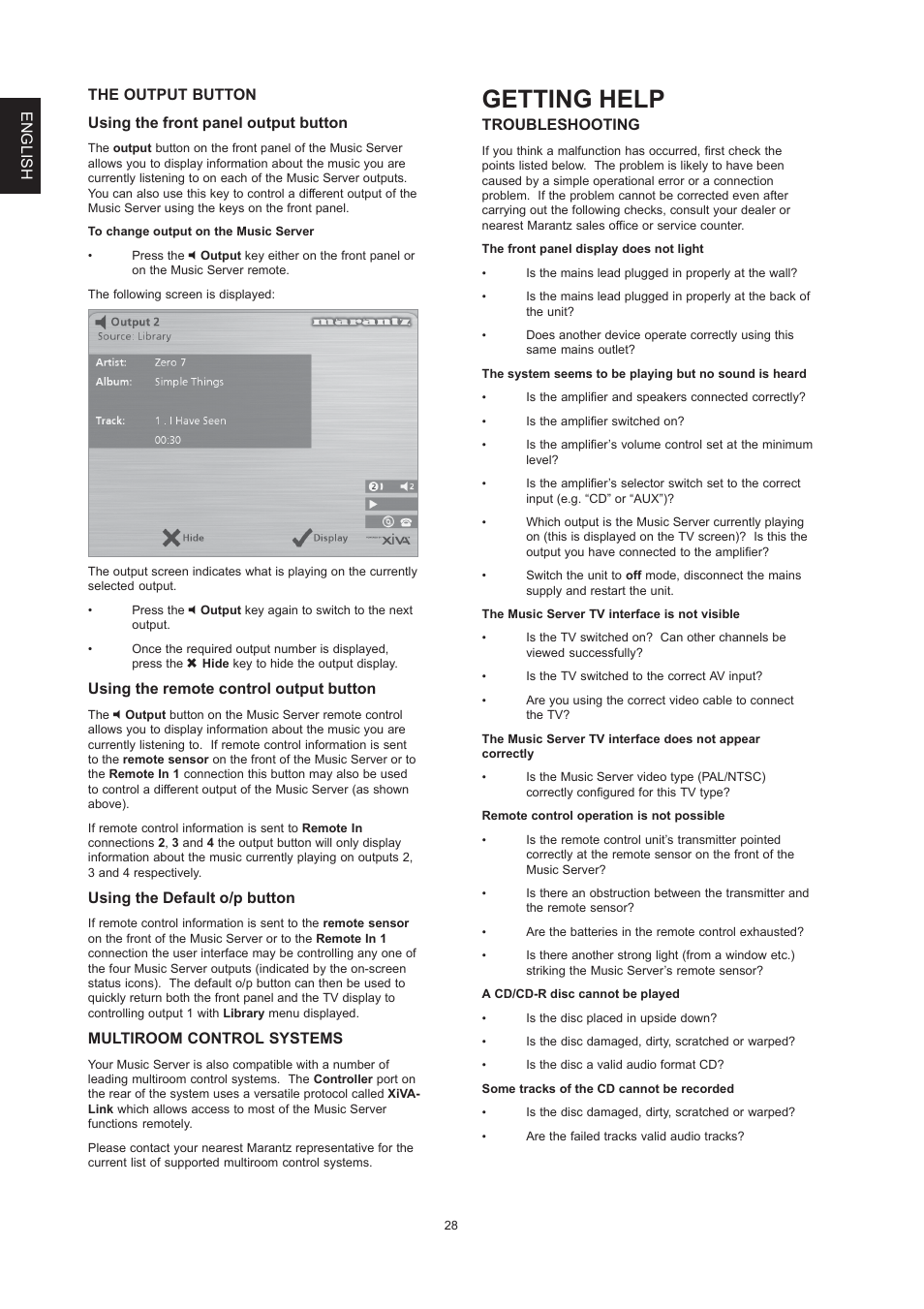 Getting help, Using the remote control output button, Using the default o/p button | Multiroom control systems, Troubleshooting | Marantz DH9300 User Manual | Page 30 / 132