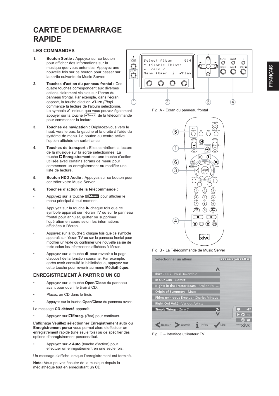 Carte de demarrage rapide, Fran çais, Les commandes | Enregistrement à partir d’un cd | Marantz DH9300 User Manual | Page 35 / 132