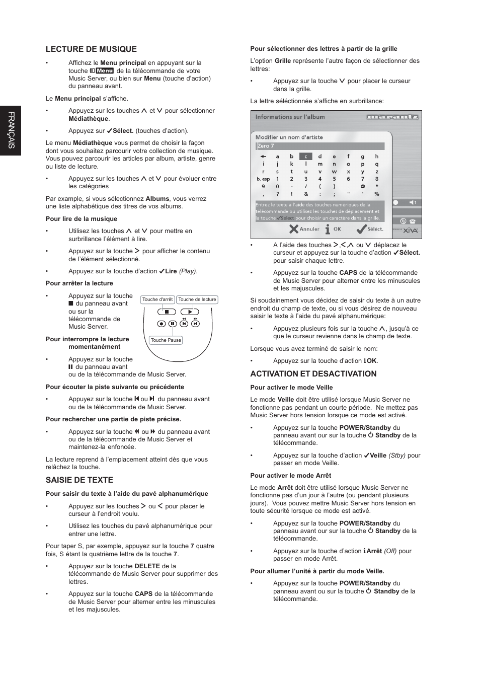 Fran çais fran çais, Activation et desactivation, Lecture de musique | Saisie de texte | Marantz DH9300 User Manual | Page 36 / 132