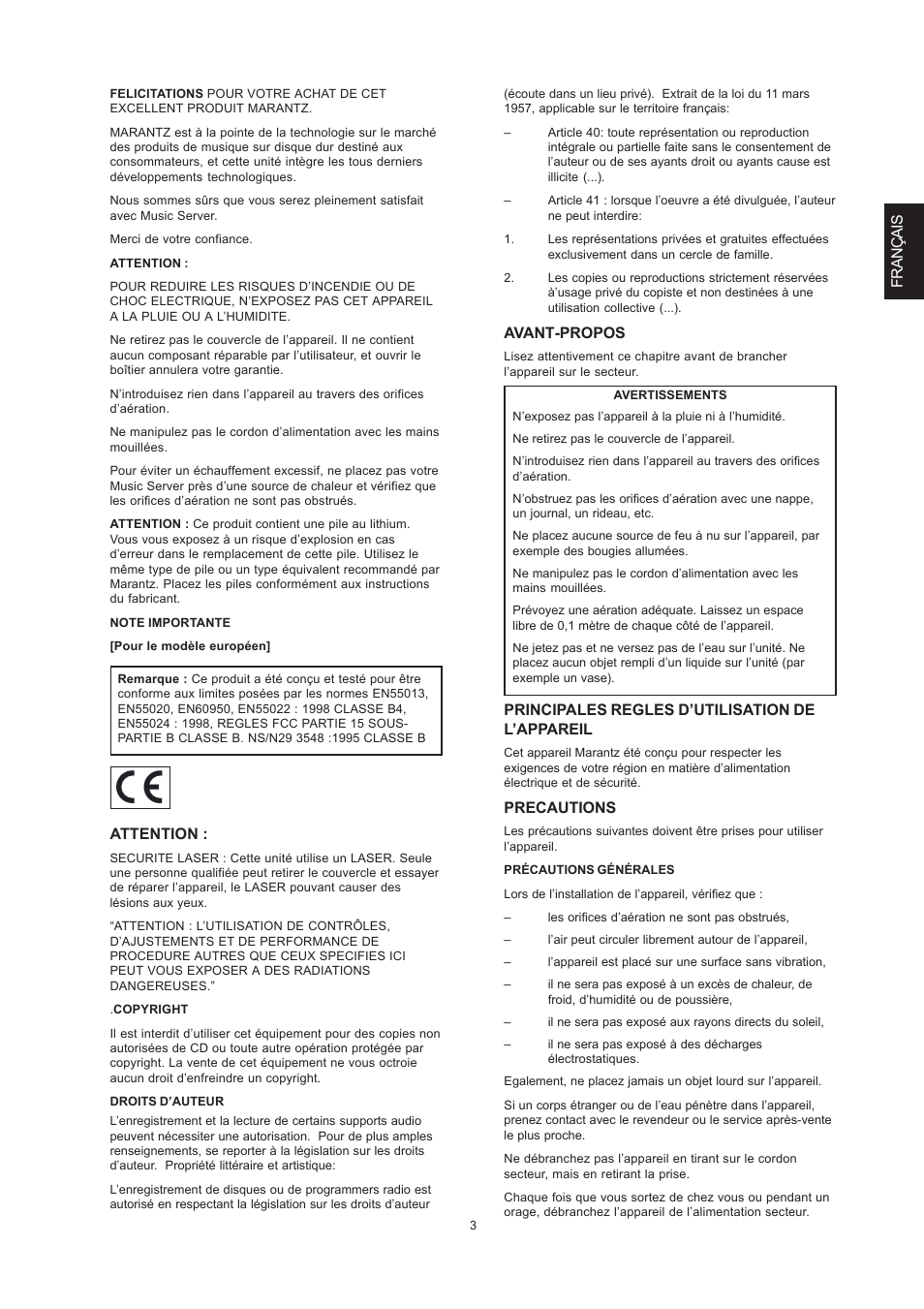 Fran çais, Attention, Avant-propos | Principales regles d’utilisation de l’appareil, Precautions | Marantz DH9300 User Manual | Page 37 / 132