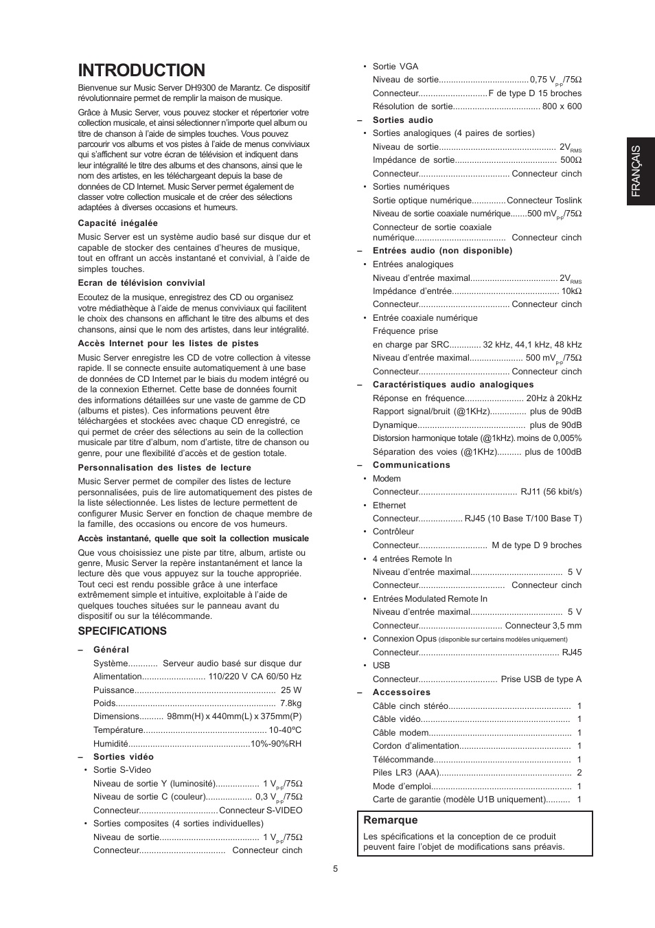 Introduction, Français, Specifications | Remarque | Marantz DH9300 User Manual | Page 39 / 132