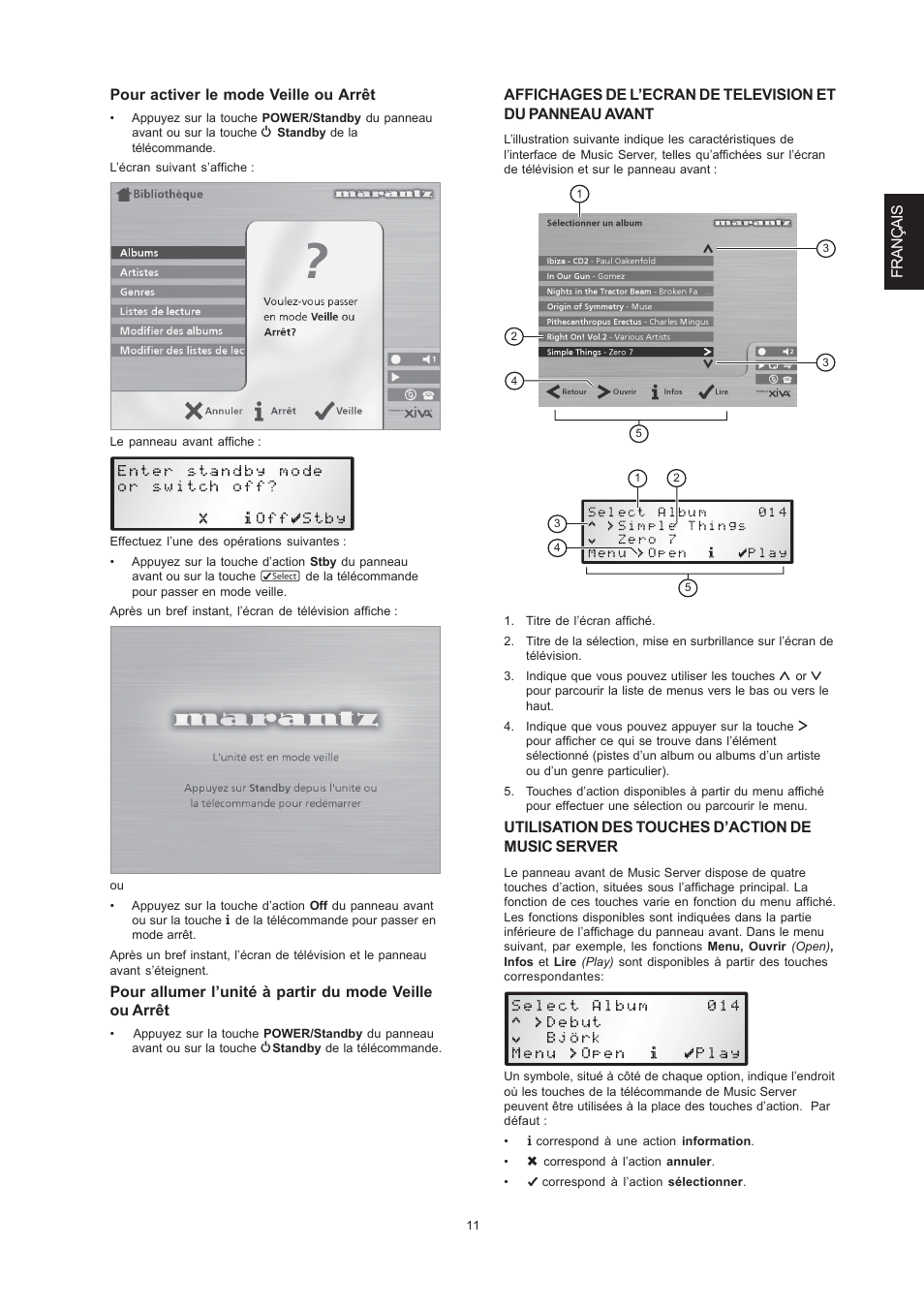 Français pour activer le mode veille ou arrêt, Utilisation des touches d’action de music server | Marantz DH9300 User Manual | Page 45 / 132