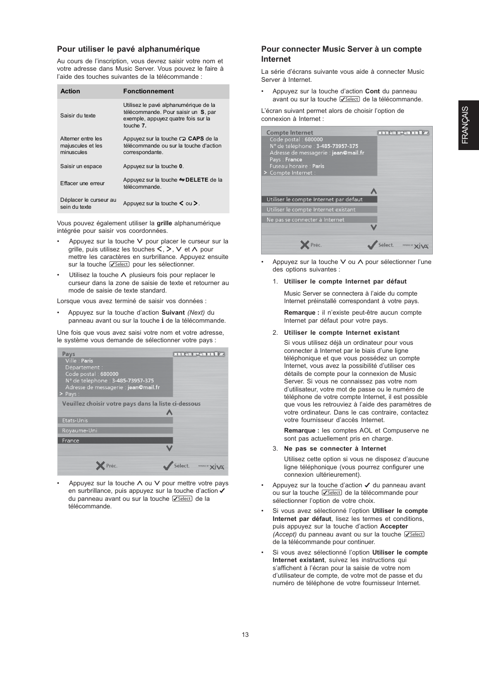 Français pour utiliser le pavé alphanumérique, Pour connecter music server à un compte internet | Marantz DH9300 User Manual | Page 47 / 132
