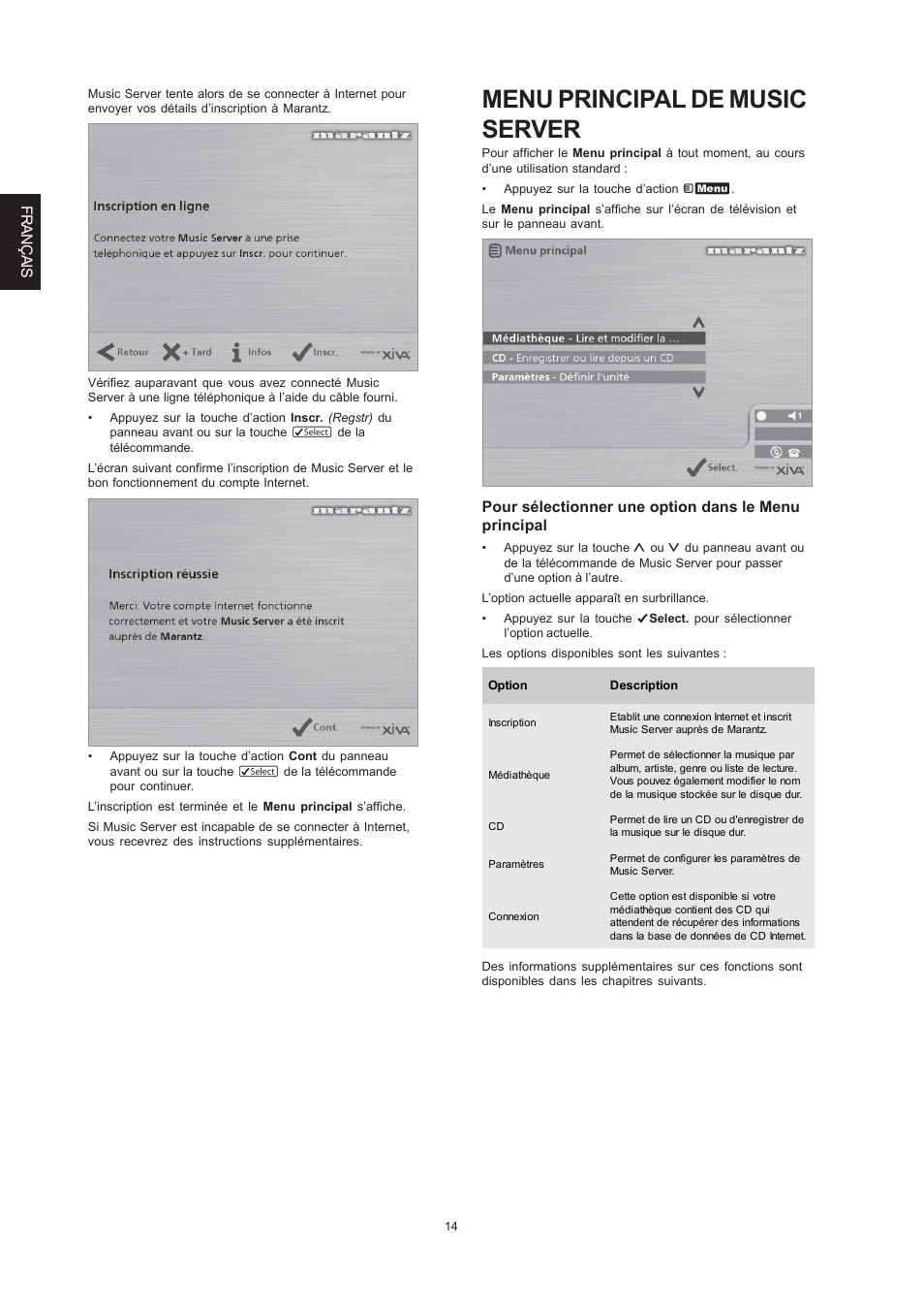 Menu principal de music server, Français | Marantz DH9300 User Manual | Page 48 / 132