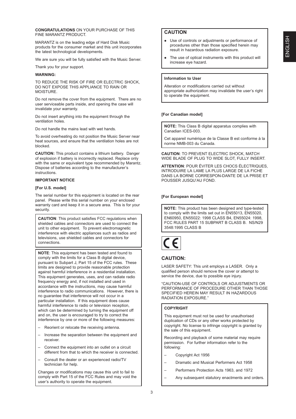 English, Caution | Marantz DH9300 User Manual | Page 5 / 132