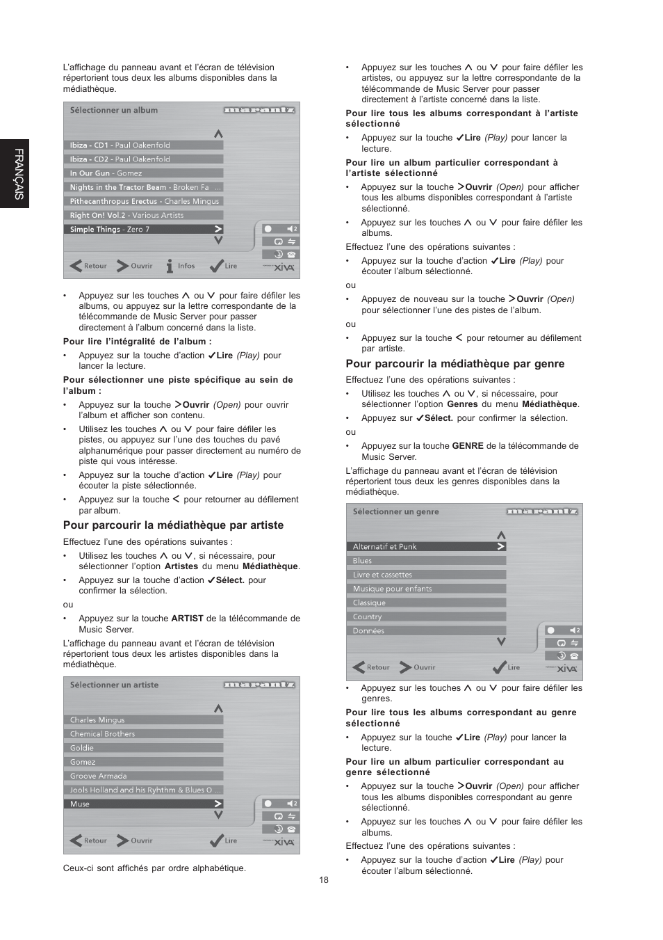 Français, Pour parcourir la médiathèque par artiste, Pour parcourir la médiathèque par genre | Marantz DH9300 User Manual | Page 52 / 132