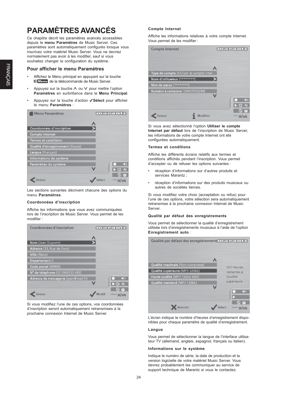 Paramètres avancés | Marantz DH9300 User Manual | Page 58 / 132