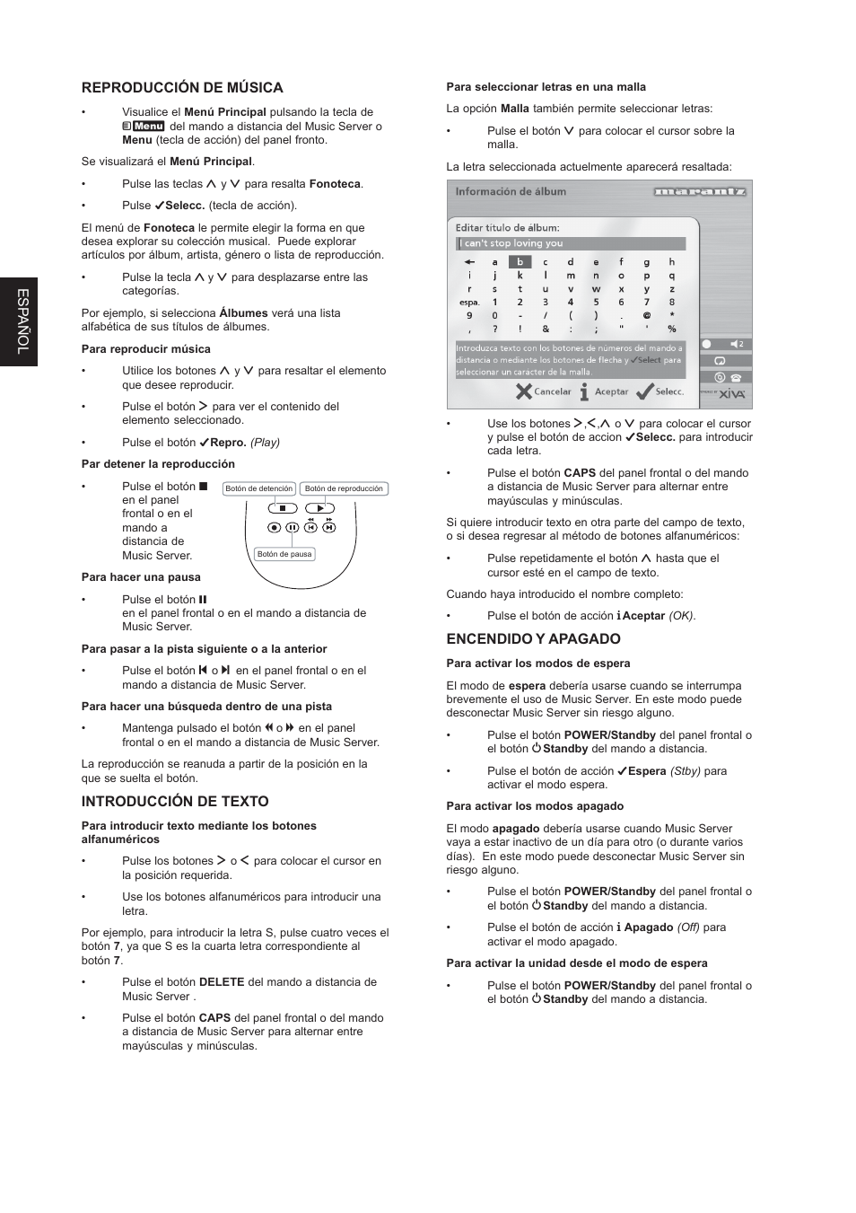 Es p añol, Encendido y apagado, Reproducción de música | Introducción de texto | Marantz DH9300 User Manual | Page 66 / 132