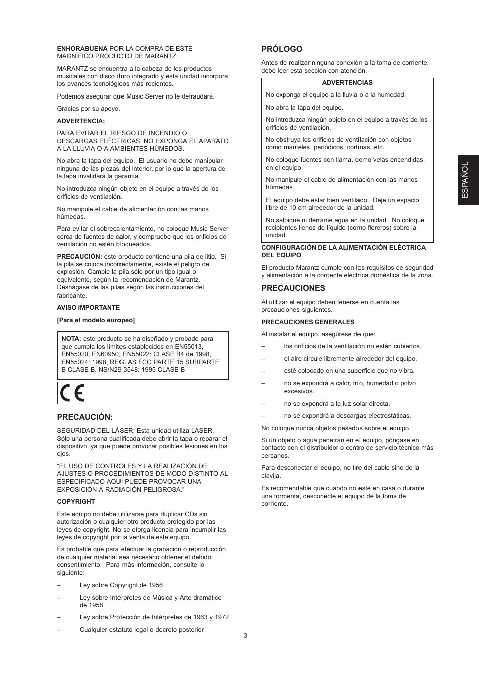 Esp añ o l, Precaución, Prólogo | Precauciones | Marantz DH9300 User Manual | Page 67 / 132