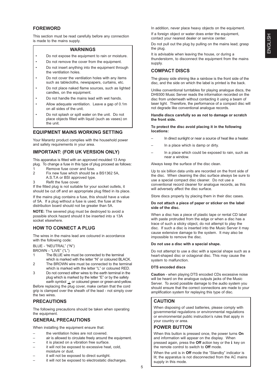 English foreword, Warnings, Equipment mains working setting | Important: (for uk version only), How to connect a plug, Precautions, General precautions, Compact discs, Caution, Power button | Marantz DH9300 User Manual | Page 7 / 132