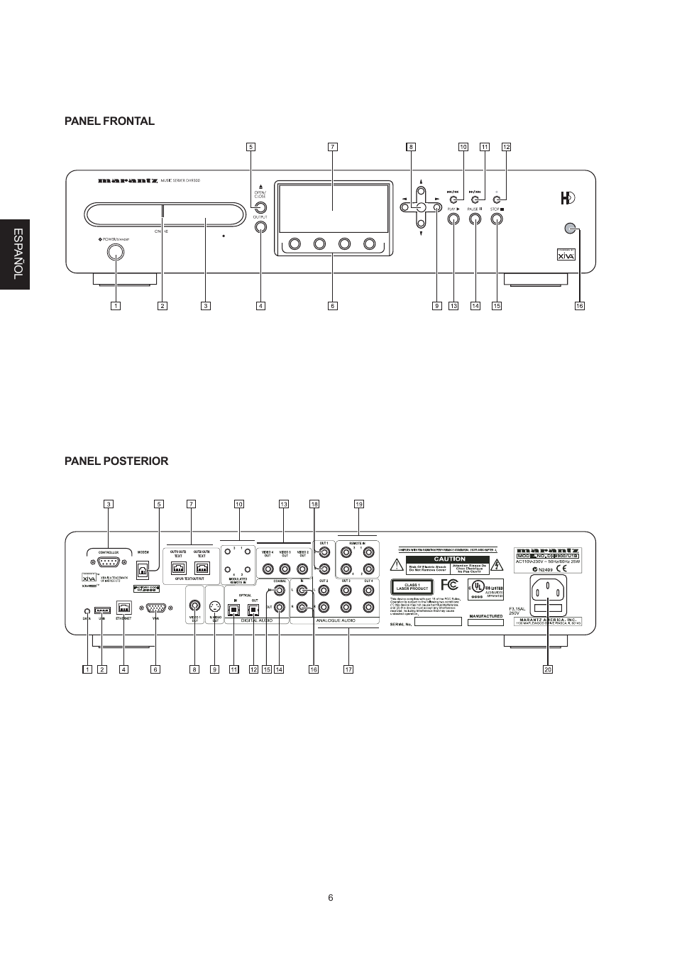 Esp añol panel posterior panel frontal | Marantz DH9300 User Manual | Page 70 / 132