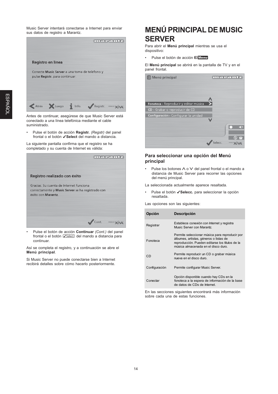 Menú principal de music server, Esp añol, Para seleccionar una opción del menú principal | Marantz DH9300 User Manual | Page 78 / 132