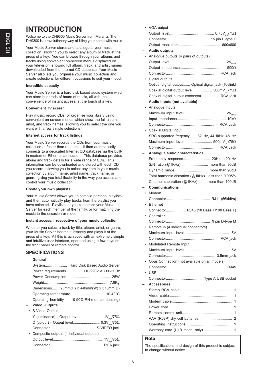 Introduction, English, Specifications | Marantz DH9300 User Manual | Page 8 / 132