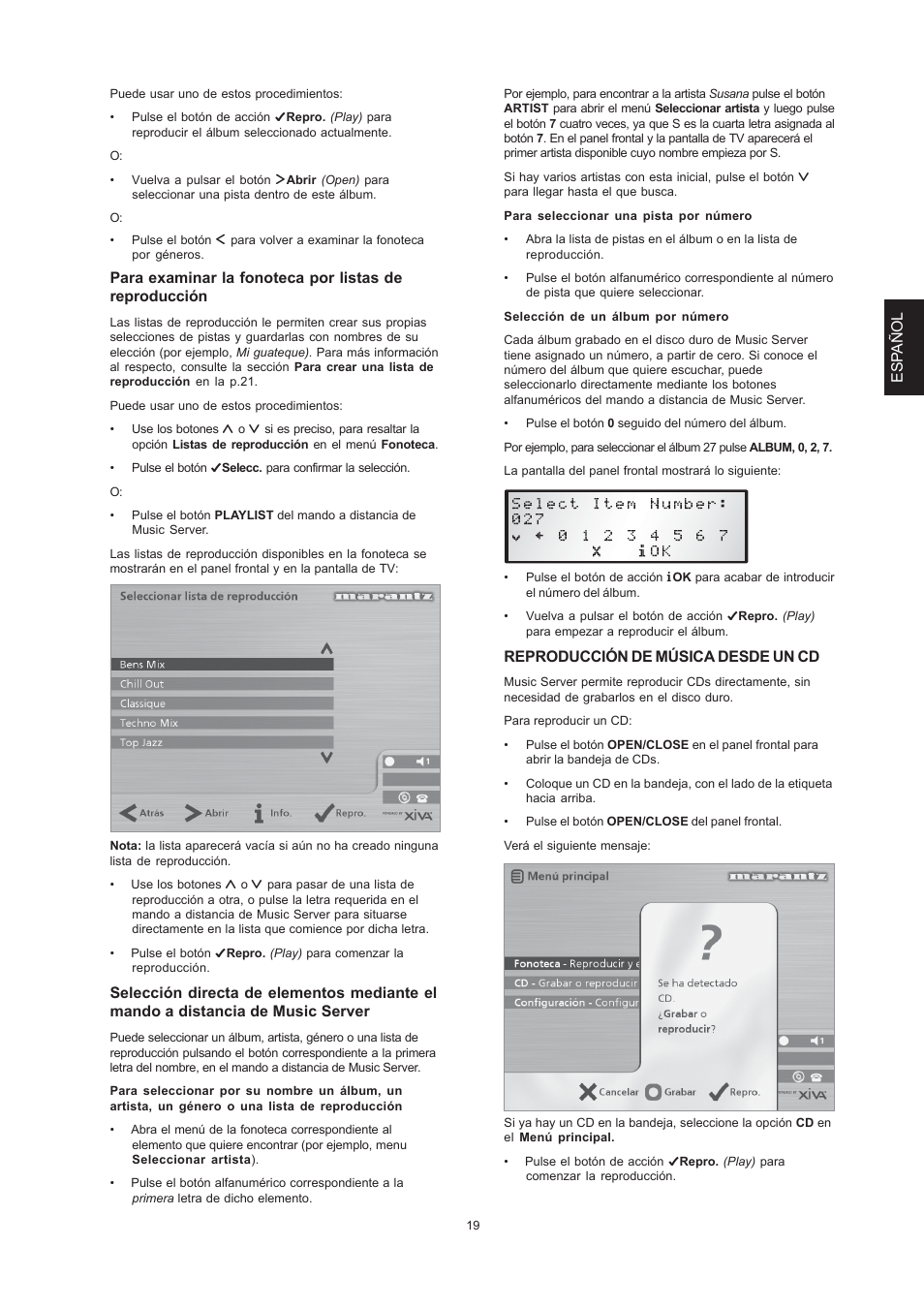 Esp añol, Reproducción de música desde un cd | Marantz DH9300 User Manual | Page 83 / 132
