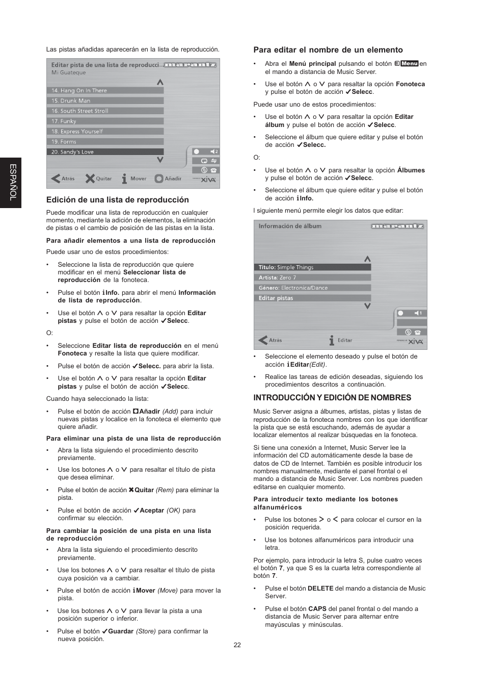 Esp añol, Edición de una lista de reproducción, Para editar el nombre de un elemento | Introducción y edición de nombres | Marantz DH9300 User Manual | Page 86 / 132