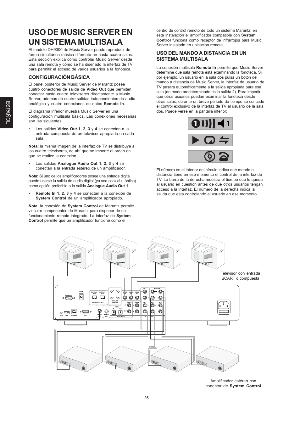 Uso de music server en un sistema multisala, Esp añol, Configuración básica | Uso del mando a distancia en un sistema multisala | Marantz DH9300 User Manual | Page 90 / 132