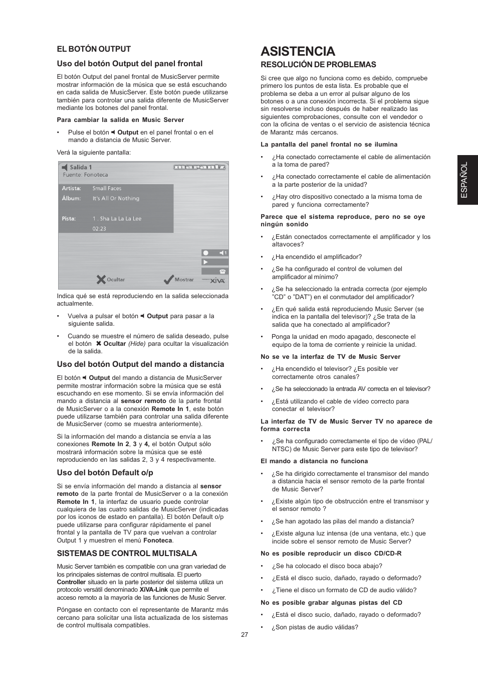 Asistencia, Uso del botón output del mando a distancia, Uso del botón default o/p | Sistemas de control multisala, Resolución de problemas | Marantz DH9300 User Manual | Page 91 / 132