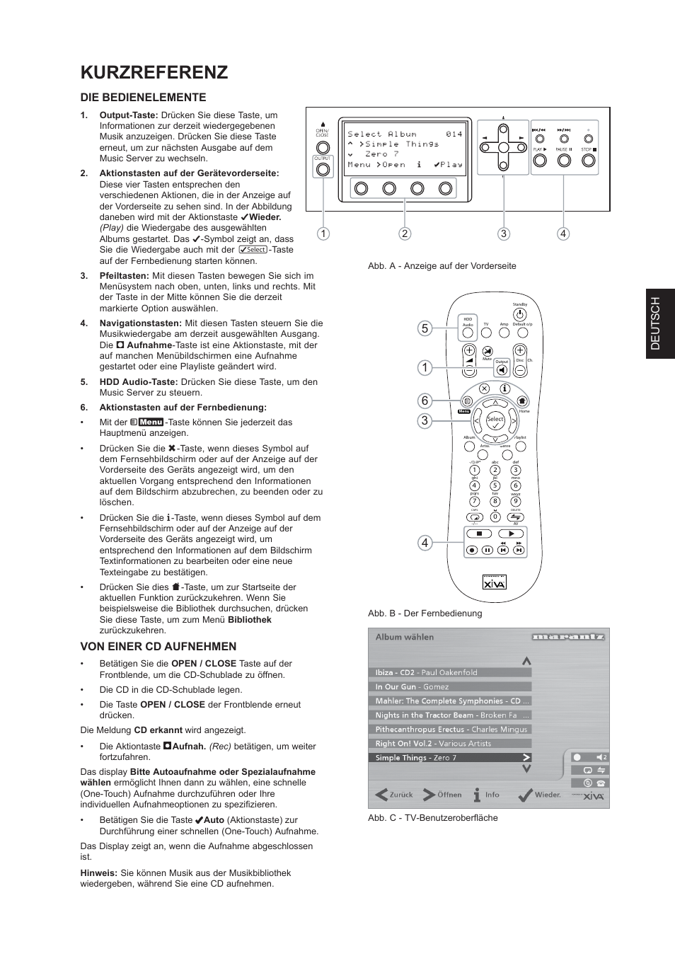 Kurzreferenz, Deutsch, Die bedienelemente | Von einer cd aufnehmen | Marantz DH9300 User Manual | Page 95 / 132