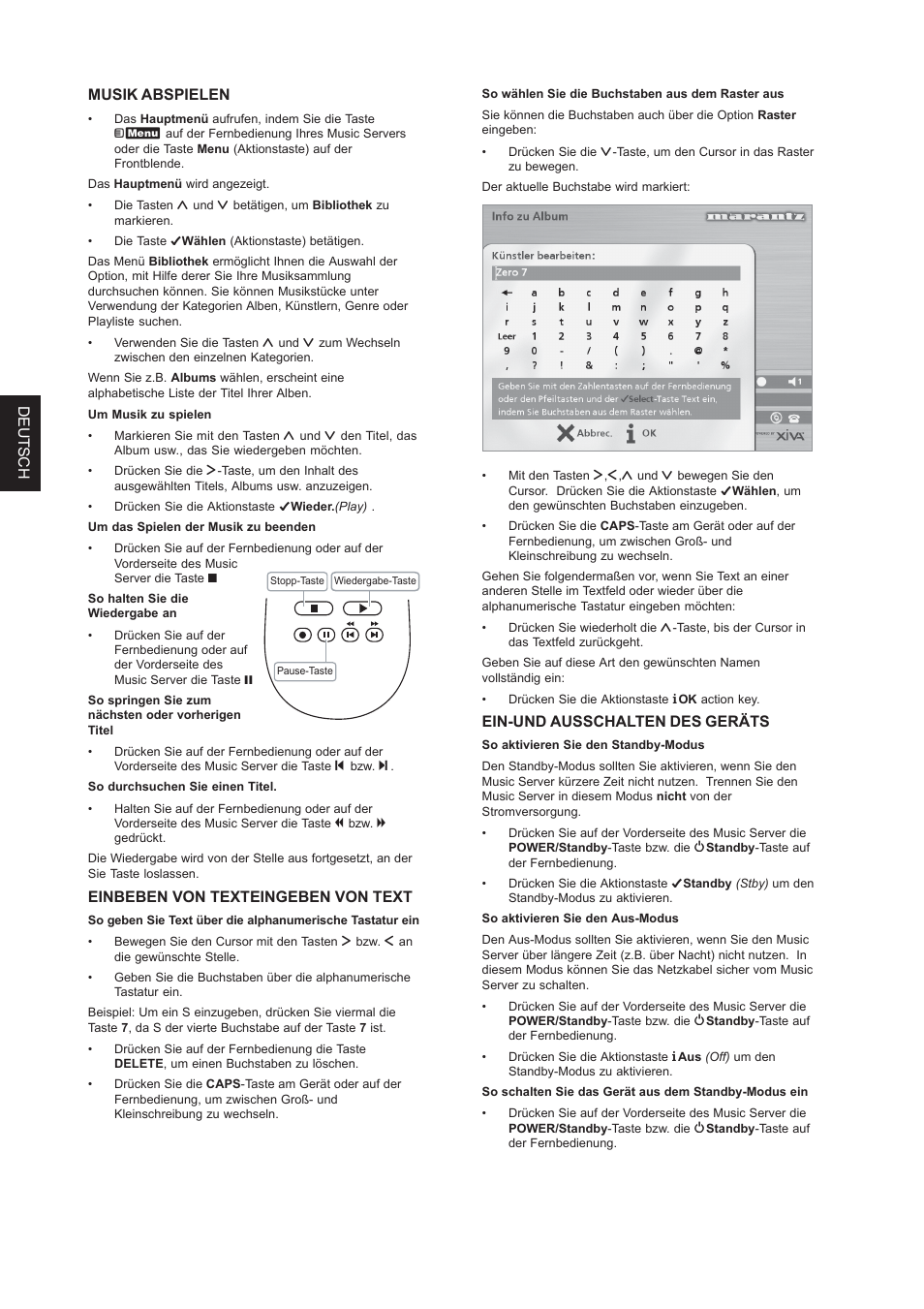 Deutsch, Ein-und ausschalten des geräts, Musik abspielen | Einbeben von texteingeben von text | Marantz DH9300 User Manual | Page 96 / 132