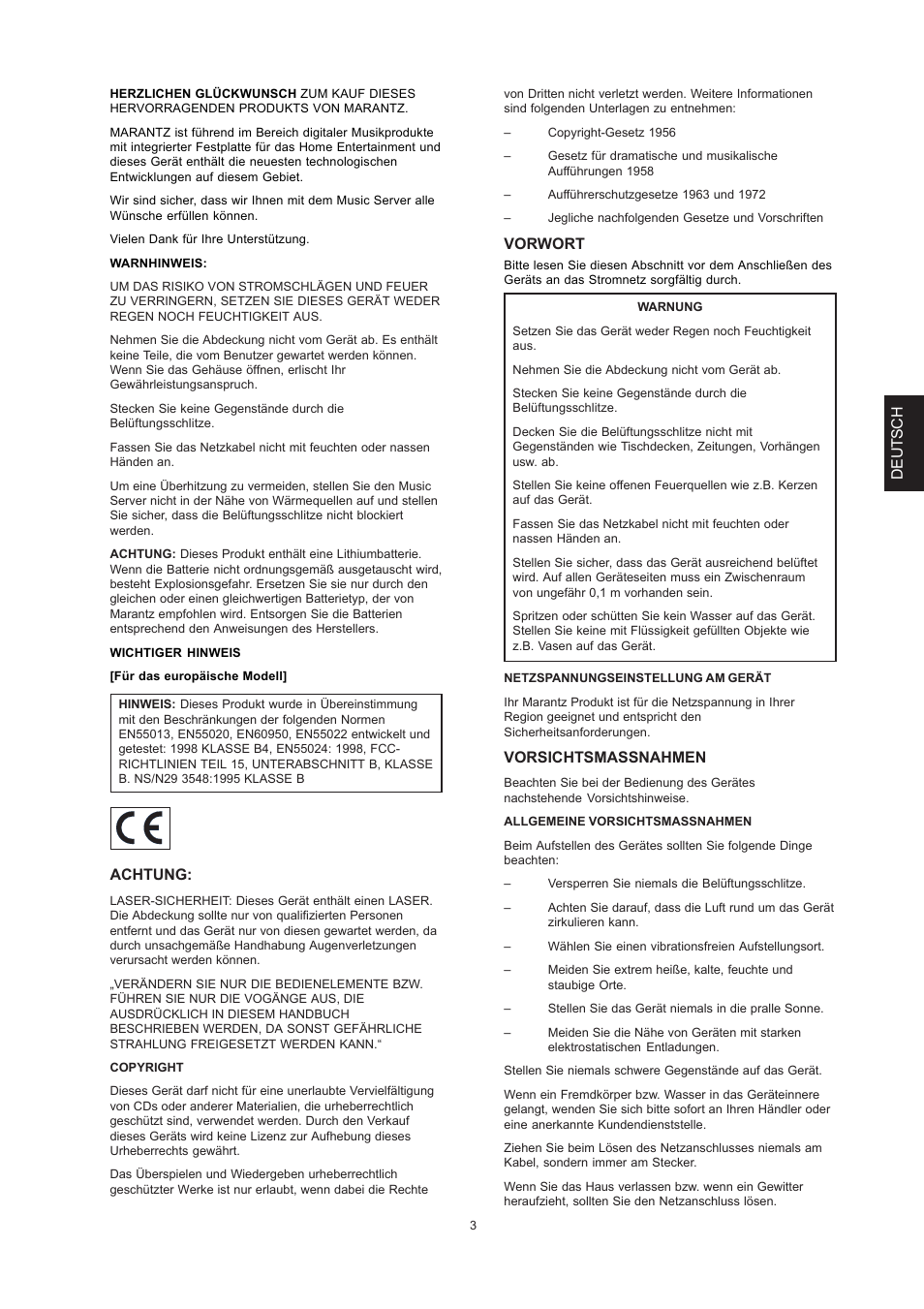 Deutsch, Achtung, Vorwort | Vorsichtsmassnahmen | Marantz DH9300 User Manual | Page 97 / 132