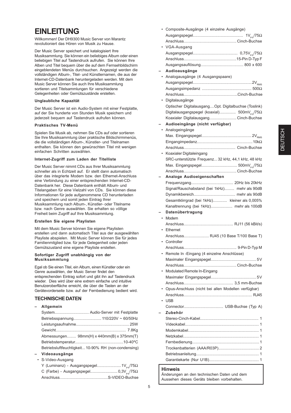 Einleitung, Deutsch, Technische daten | Hinweis | Marantz DH9300 User Manual | Page 99 / 132
