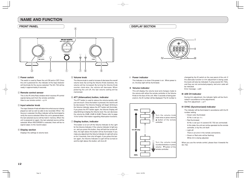 Name and function, Front panel | Marantz SC-7S2 User Manual | Page 16 / 26