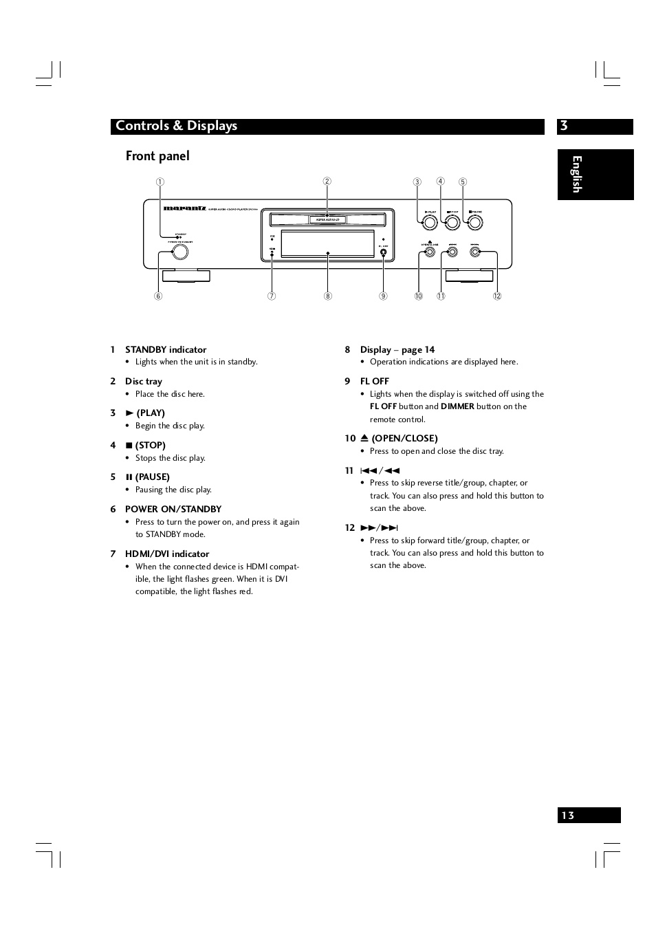 3controls & displays, Front panel, English | Marantz DV7600 User Manual | Page 13 / 56