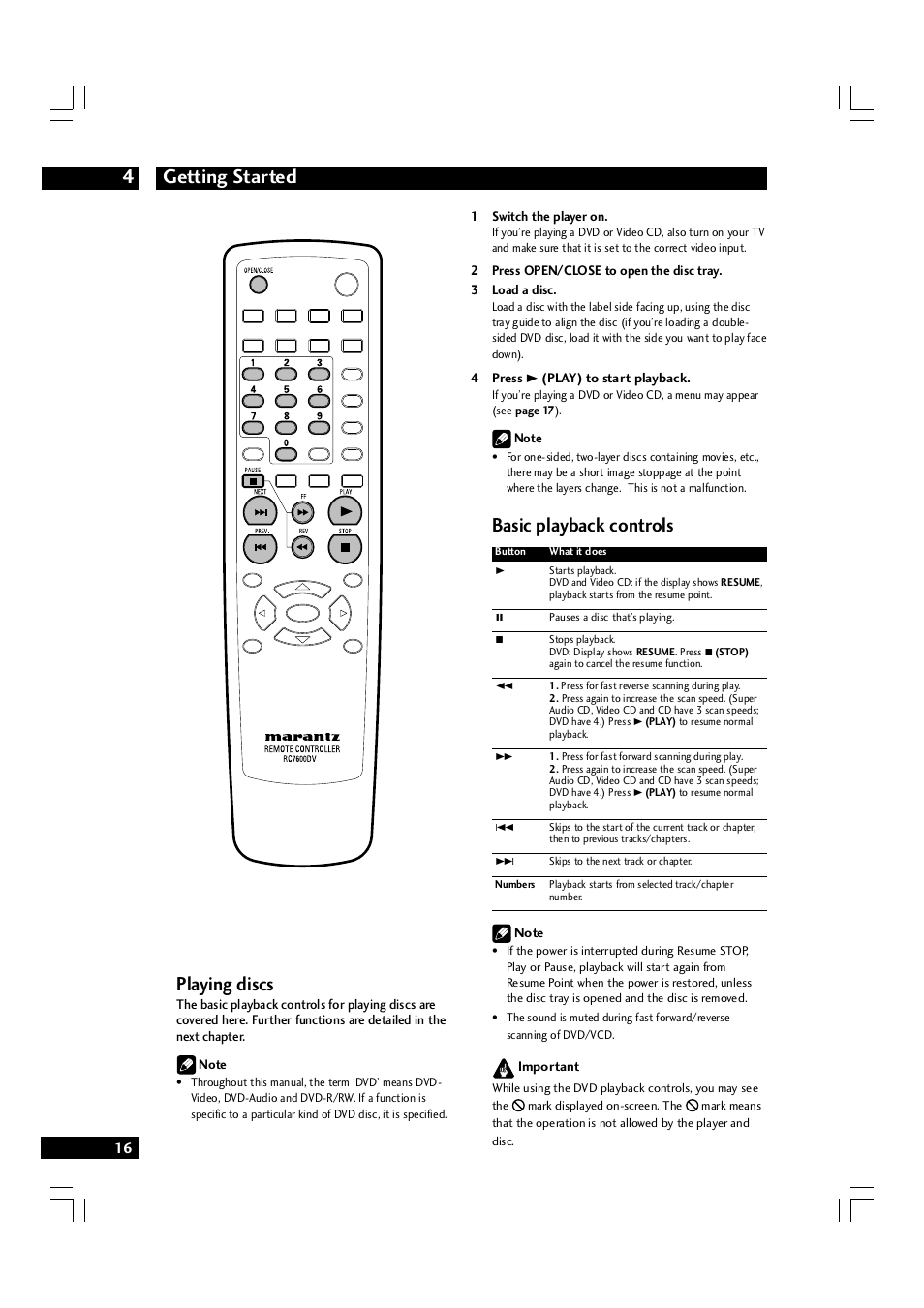 Getting started 4, Playing discs, Basic playback controls | Marantz DV7600 User Manual | Page 16 / 56