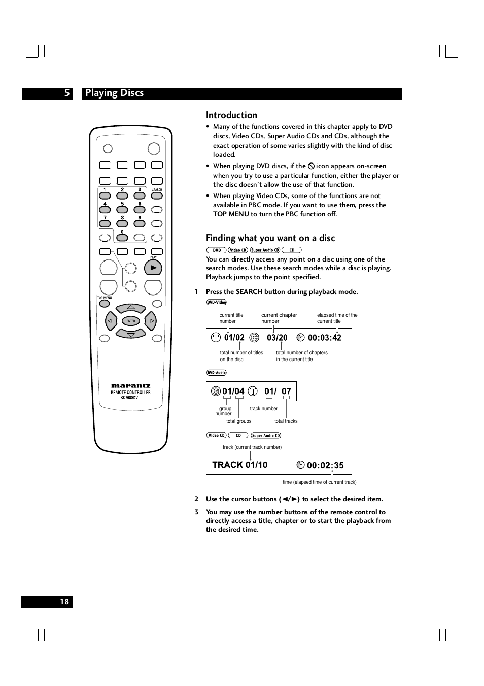 Playing discs 5, Introduction, Finding what you want on a disc | Marantz DV7600 User Manual | Page 18 / 56