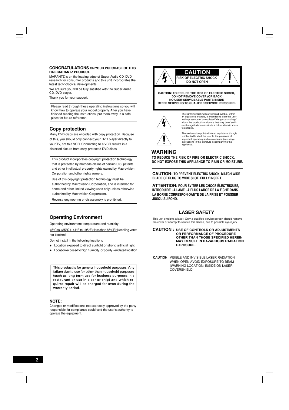 Caution, Warning, Operating environment | Laser safety, Copy protection | Marantz DV7600 User Manual | Page 2 / 56