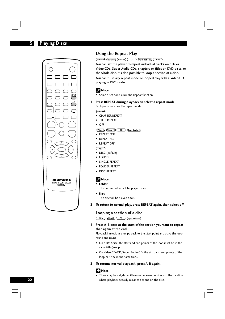 Playing discs 5, Using the repeat play | Marantz DV7600 User Manual | Page 22 / 56