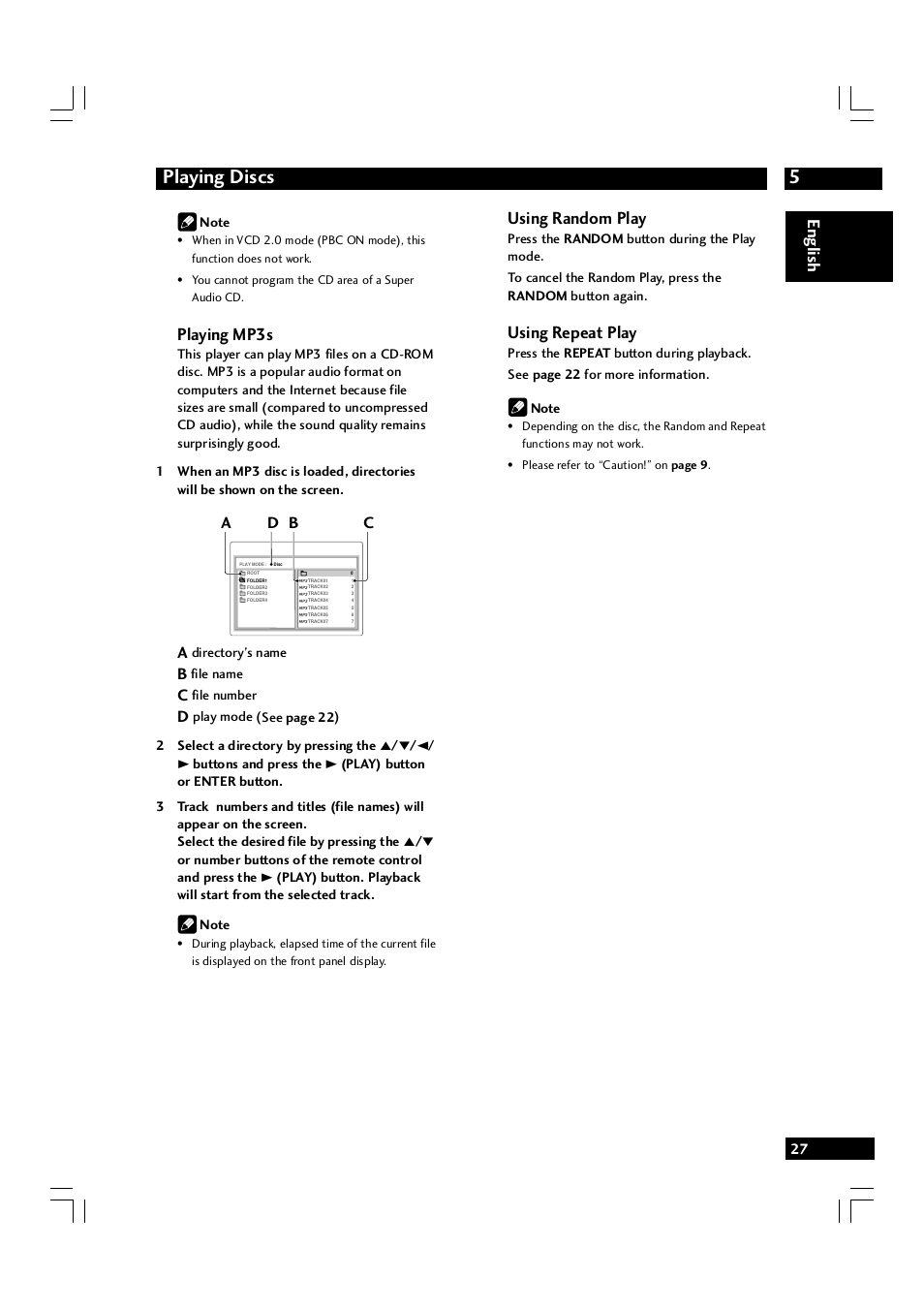 5playing discs, English, Playing mp3s | Using random play, Using repeat play, Ad b c | Marantz DV7600 User Manual | Page 27 / 56