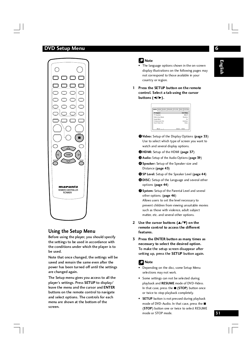 6dvd setup menu, Using the setup menu, English | Marantz DV7600 User Manual | Page 31 / 56