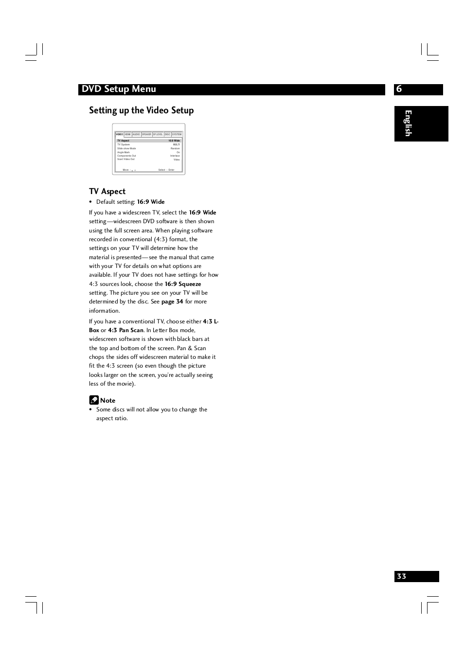 6dvd setup menu, Setting up the video setup, English | Tv aspect | Marantz DV7600 User Manual | Page 33 / 56