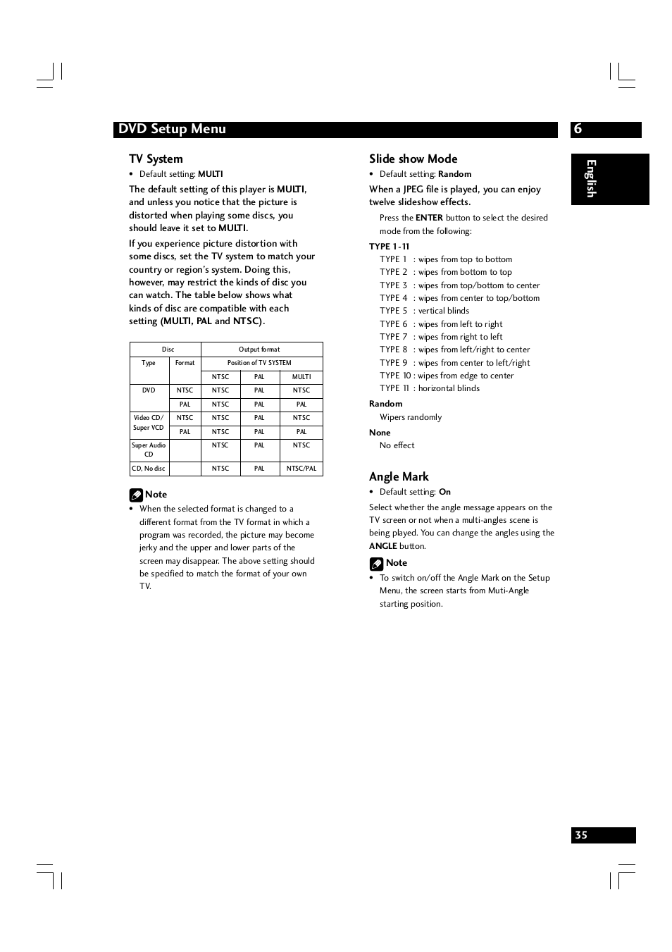 6dvd setup menu, English tv system, Slide show mode | Angle mark | Marantz DV7600 User Manual | Page 35 / 56