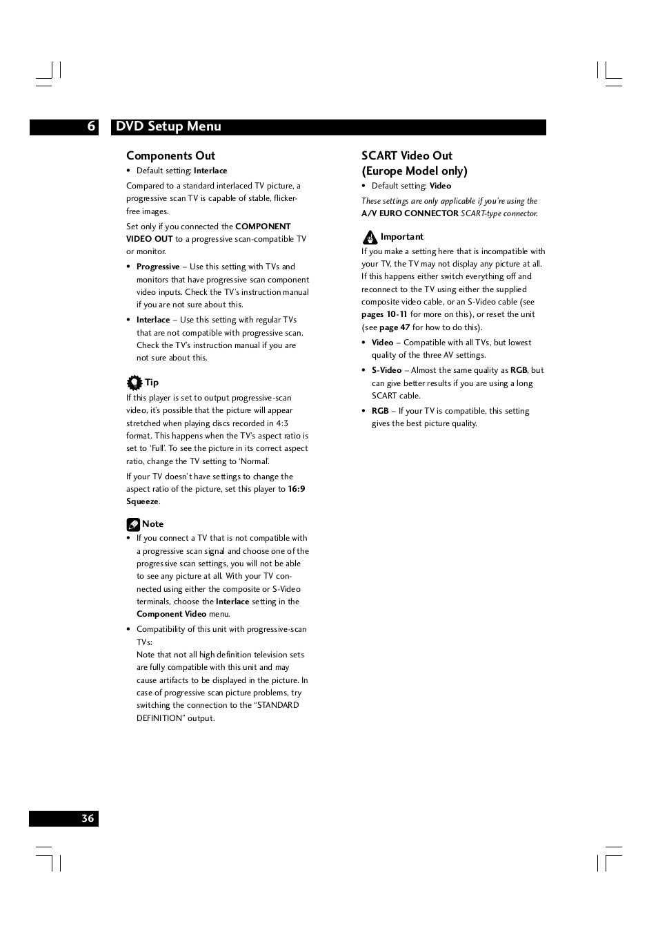 Dvd setup menu 6, Components out, Scart video out (europe model only) | Marantz DV7600 User Manual | Page 36 / 56