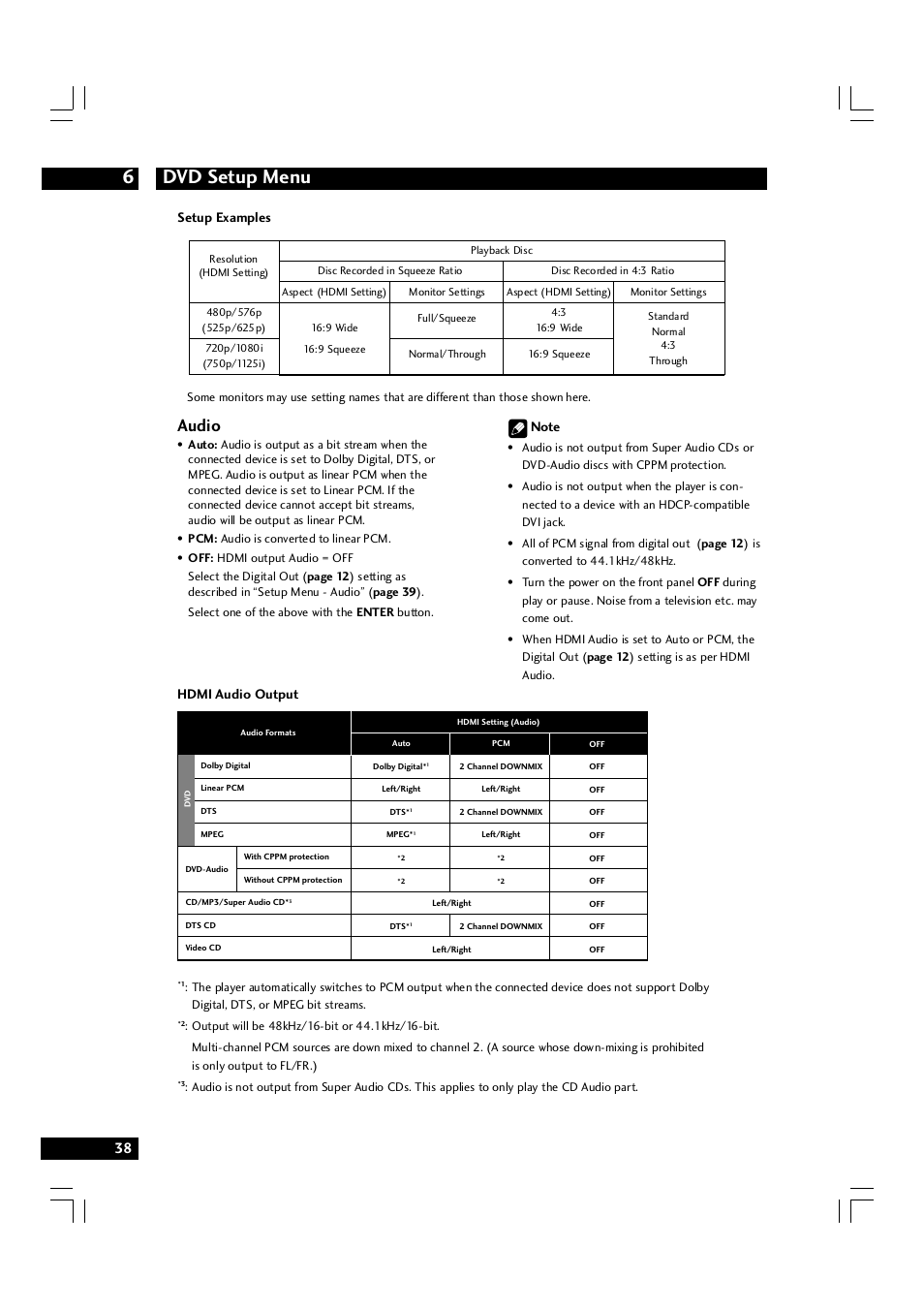 Dvd setup menu 6, Audio, Setup examples | Hdmi audio output | Marantz DV7600 User Manual | Page 38 / 56