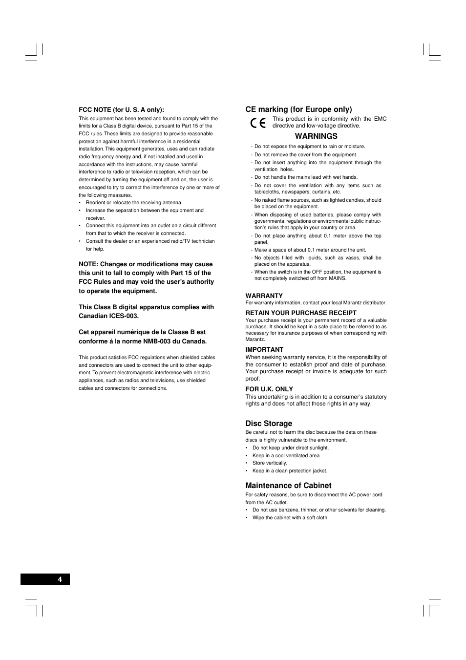 Ce marking (for europe only), Disc storage, Maintenance of cabinet | Warnings | Marantz DV7600 User Manual | Page 4 / 56
